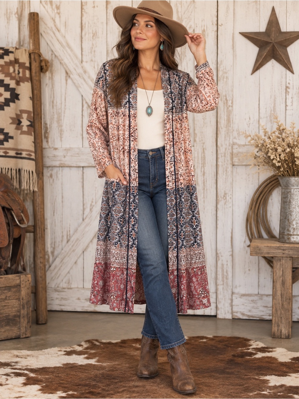 LOGO Lori Goldstein Paisley Print Long Duster Cardigan Boho Open Front M